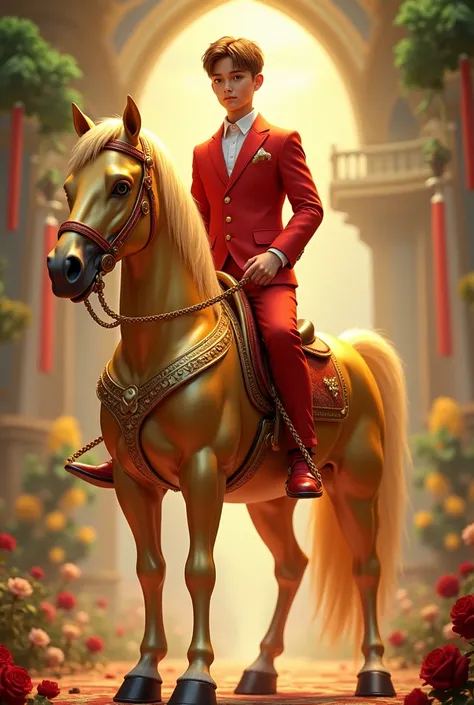 a boy who wearing red suit and red shoes is standing on a golden horse