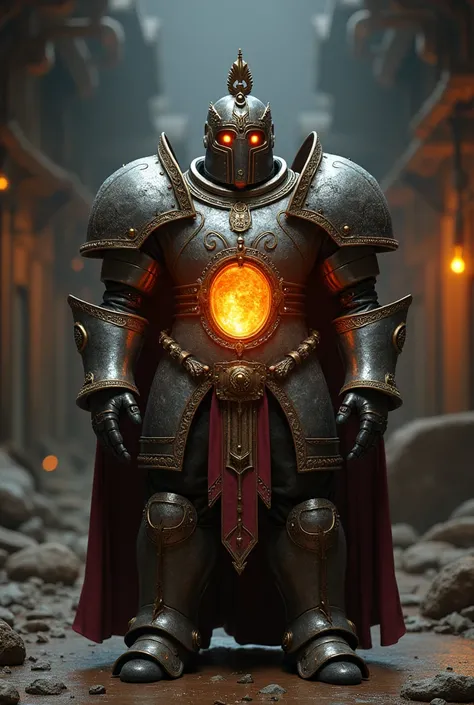 Iron golem armor style with simple crest living centurion with fire furnace inside chest smaller human size