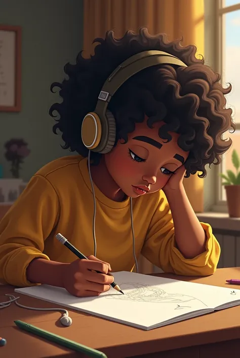 Light brown skinned, teenager, with curly hair, drawing on paper, at a desk, wearing headphones while focusing on the drawing.