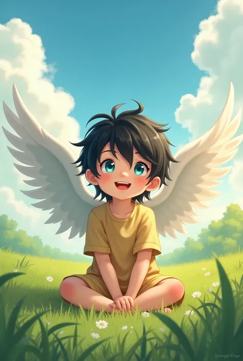 Create an anime character as a young boy with fair skin, dark, voluminous, medium-length hair that is all messy and covers part of her face and has a happy, smiling expression with sky blue eyes. Wearing simple light gold colored clothes and with a large p...