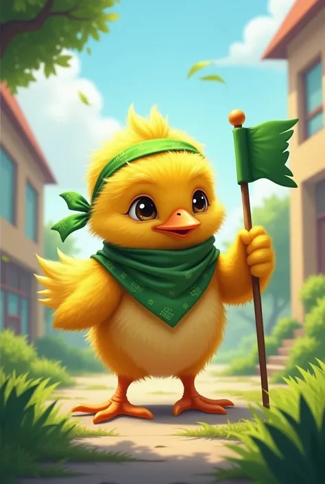 Generate an image of a cute chick holding a small lettuce green flag in one hand and wearing a bandana and scarf on its forehead. The chick should look like a little warrior., Ready for the battle, at the university with green campaigns 