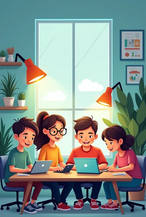 In a bright room with several lights on, A family sits around the table. Everyone is using electronic devices: TABLETS, television, laptop. cartoon drawing