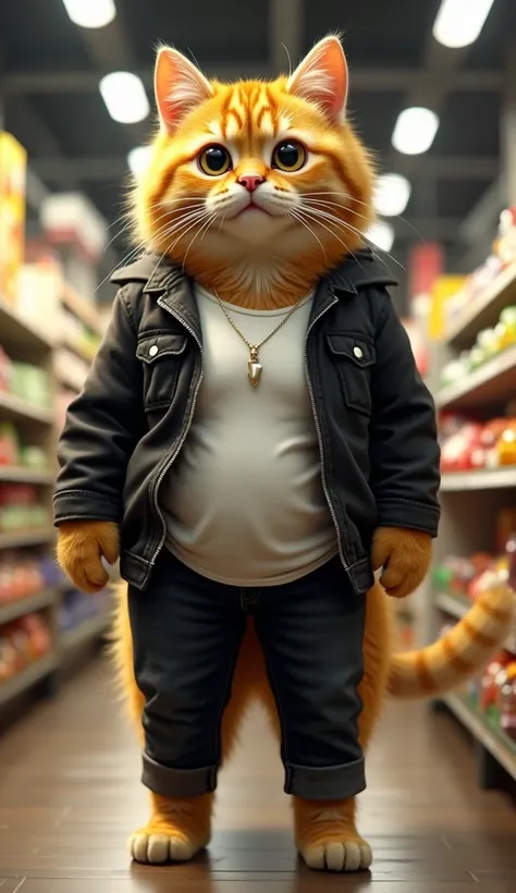 A tall fluffy fat cat, yellow and black skin, shiny eyes, with a open black jacket and under jacket a white t-shirt and A black jeans pant, walking in a grocery shop.