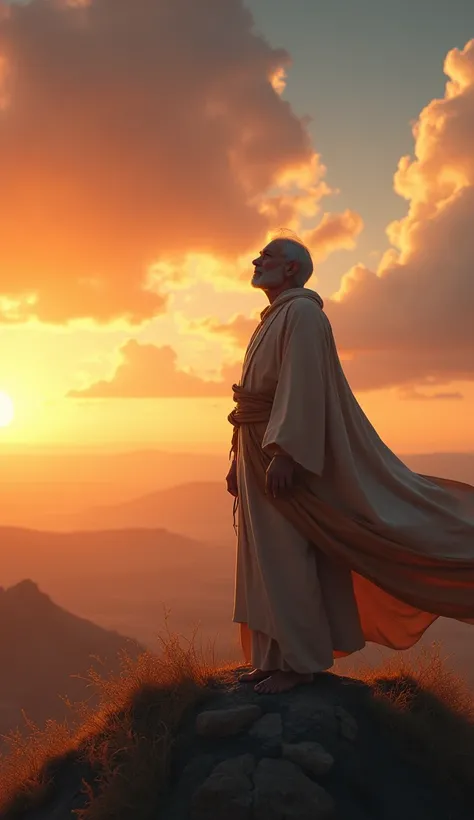 presented in stunning 8k resolution with unmatched quality.enoch, a man of wise and serene appearance, is standing on a hill at sunset. he looks at the sky, with the wind gently blowing his clothes. There is an atmosphere of tension, as if he were receivin...