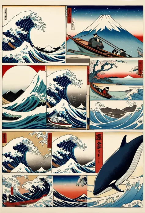 Ukiyo-e Collection，Big Wave、Thirty-six Views of Mount Fuji、Mount Fuji、A Japanese man on a fishing boat is about to harpoon a whale.