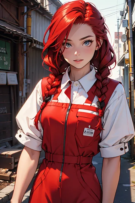 Create an image of a 20-year-old redhead woman with two braids, in a red work jumpsuit, portrait