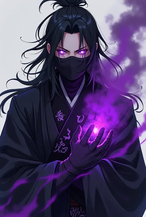 A man with long messy black hair tied up, with purple snake eyes looking like they are made of mystical realistic energy, with a monster arm, with purple aura of mystical energy, with a black bandit mask that covers his neck and face, and a black kimono wi...