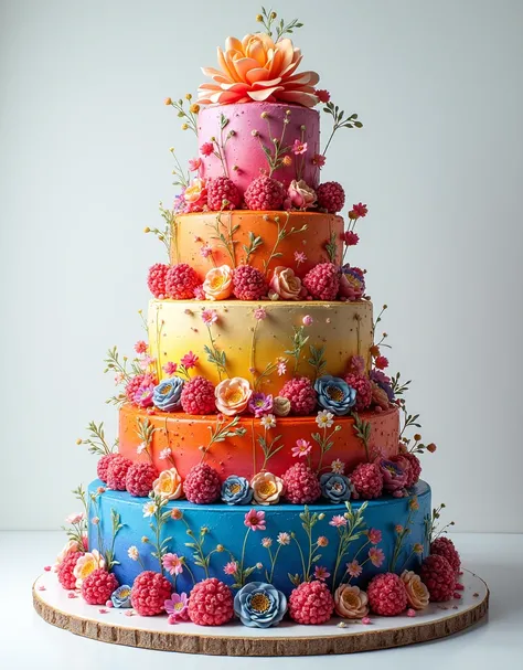 Create an image with a huge, single-tier cake that is very eye-catching, colorful and realistic.