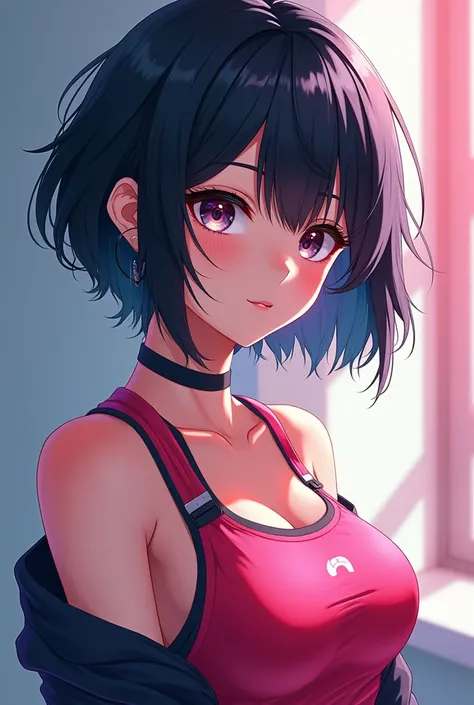 An anime girl with short black hair,sporty,and beautiful 