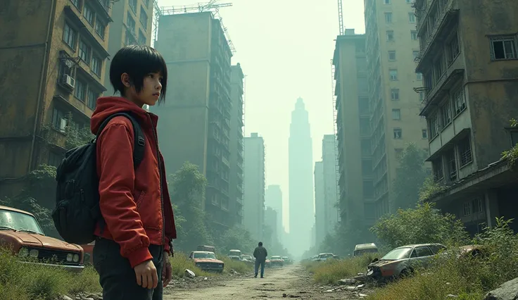 "A post-apocalyptic urban environment with overgrown vegetation on ruined buildings and abandoned cars. A girl Horan with a rugged look, short hair, and a beard is standing in the foreground. He is wearing a red, weathered jacket and carrying a backpack. T...