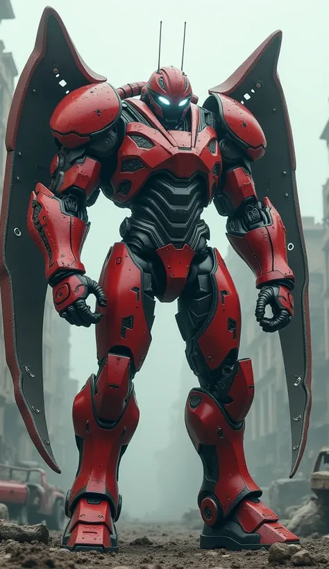 “Imagine a hulking super cyborg, clad in vibrant red and black armor, with massive mechanical wings extended. His metallic body is finely detailed, with each plate of his scarlet armor adorned with dark black patterns, giving a striking contrast. The armor...