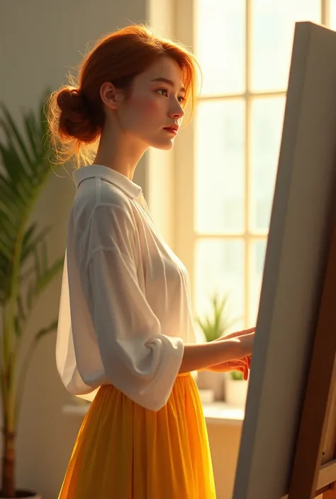  A woman in a white blouse and yellow skirt stands in front of an easel, lost in contemplation. Sunlight streams through a window behind her, casting a warm glow on her hair.