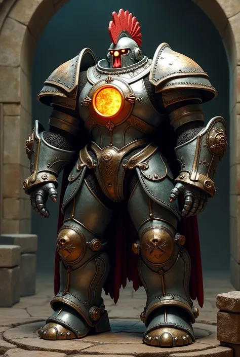 Iron Golem style armor with rooster crest living centurion with fire furnace inside chest human size