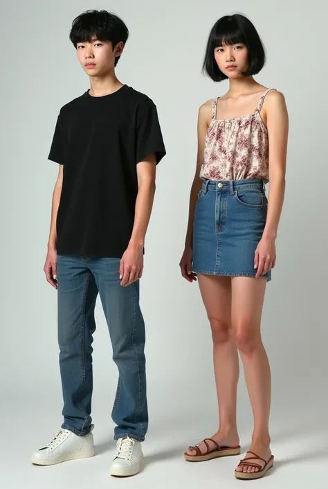 Create two photos of a boy with short black hair in male and female versions with the same face and hair on one side wearing a black t-shirt, jeans and white sneakers on the feet on the other side wearing a floral tank top with thin straps, a blue denim mi...