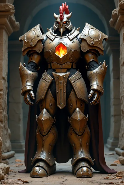 Iron Golem style armor with rooster crest living centurion with fire furnace inside chest human size