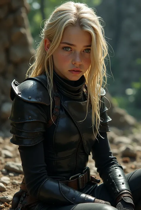 A blonde girl with hazel eyes wearing black battle clothes is sitting with wet hair