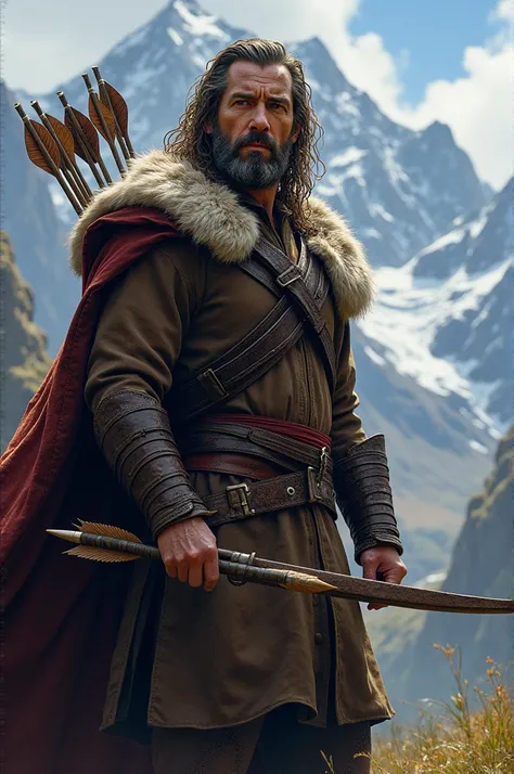 aragorn from the lords of the rings in front of a mountain, with arrow, holding the arrow in front of him