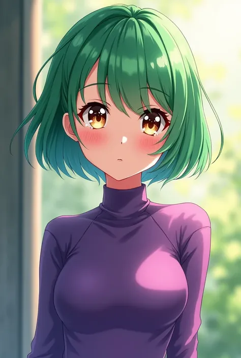 Green hair brown eyes short hair cute anime style girl purple clothing 