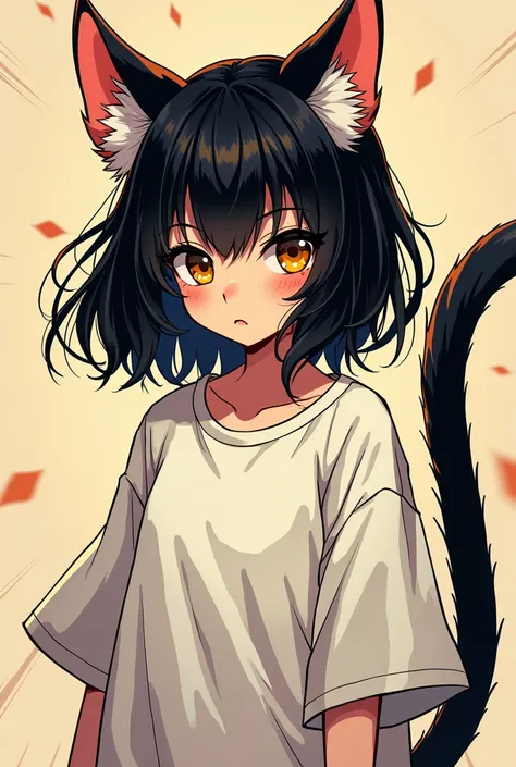 nekomimi manga, with ochre eyes, black hair and tail, wearing an oversized t-shirt.