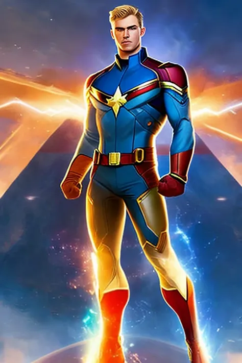 Male Captain Marvel, bald man, young, blue eyes, blonde short beard, light powers, barefeet