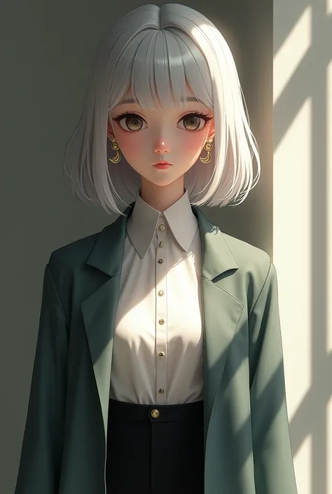 Ultra HD, white hair, medium hair, Half moon earrings, slight smile, chiaroscuro, shine, C4D, Style anime, 3D Rendering, a young Thai girl,gray-green coat,white blouse,black pants