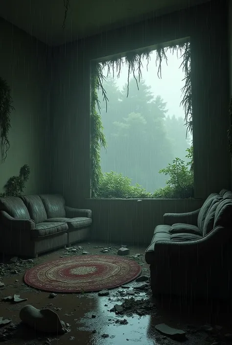 Gloomy atmosphere, last of us, living room of a dilapidated house, One of the walls has collapsed, the outside is visible, cordyceps wrapped around the corners, rainy weather