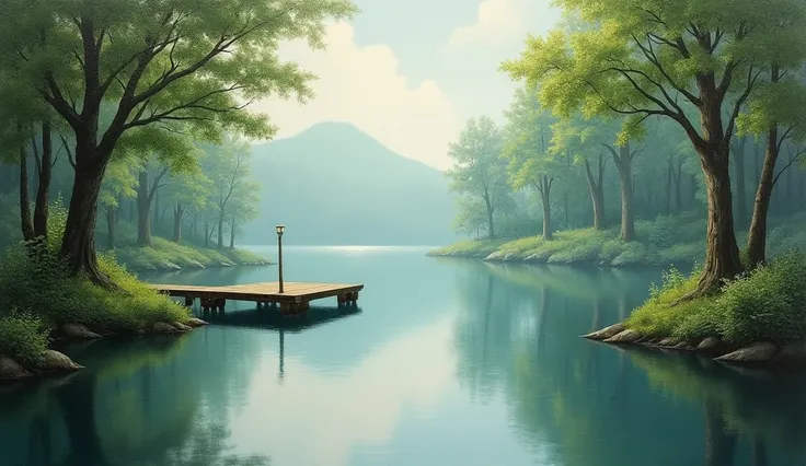 Create a peaceful landscape featuring a calm lake surrounded by lush greenery and tall trees. Include a small wooden dock extending into the water, with reflections of the trees and sky mirrored in the lake. oil painting style