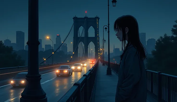 high quality, Very detailed, Illustration, Pedestrian bridge、car、Crying、night、girl