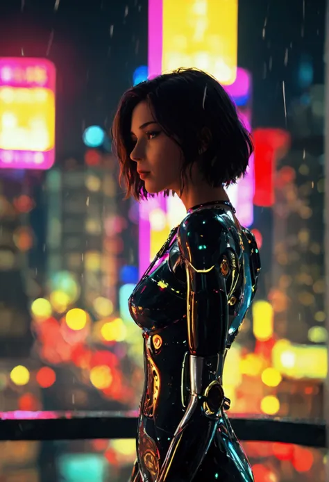 score_9, score_8_up, score_7_up, in this breathtaking rooftop scene, a cyborg beauty stands at the precipice, bathed in the vibr...