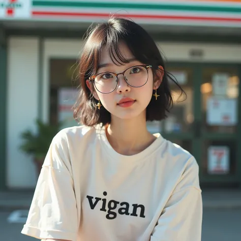 absurd realistic photo of a cute adult japanese girl with eye glasses , wearing white t-shirt with VIGAN printed on it, sitting outside 711 smiling, sunlight illuminating her eyes, best quality, ultra realistic, perfect body, beautiful face, accurate detai...