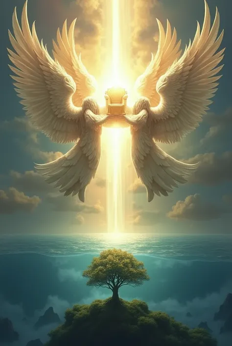 Four seraphims which their form is with two wings covering their face, two wings covering their feet, and two wings holding the throne of God that shining in glory, below them there is ocean and below the ocean there is a tree