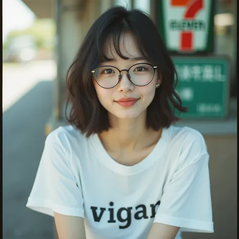 absurd realistic photo of a cute adult japanese girl with eye glasses , wearing white t-shirt with VIGAN printed on it, sitting outside 711 smiling, best quality, ultra realistic, perfect body, beautiful face, accurate details