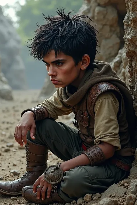 A boy with black hair and brown eyes wearing battle clothes and sitting with wet hair