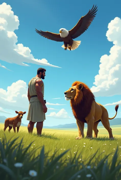 a man and on the right a lion; on the left a calf above an eagle flying in the field 