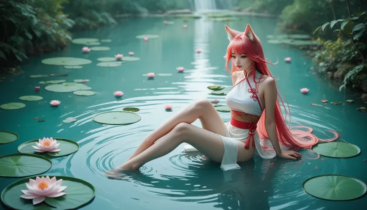 absurdres, highres, ultra detailed, (1girl:1.3), hand drawn, simple line, 16yo girl in colorful Chinese Hanfu, sexy girl with fox ears, at the lotus pond, masterpiece, sitting in water, floating clothes, floating hair