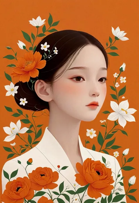 Victor Nai&#39;s style, Beautiful details，simple，modern，advanced，cute，Color blocking，flowers，Orange，White，grid，line，illustration，vigor，pixar，
