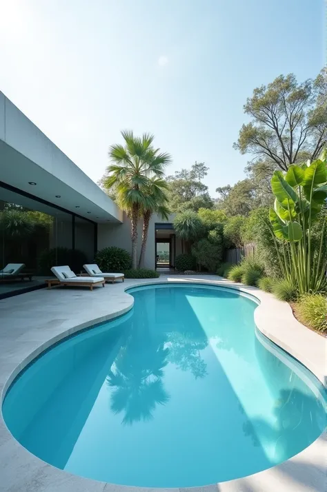 A kidney-shaped, sky-blue fiberglass pool in the courtyard of a minimalist house with a garden with plants where the pool stands out