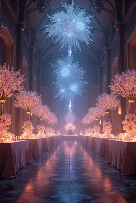 Hall with separate tables and decoration with mystical twinkling flowers 