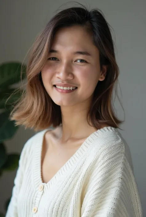 Potrait, young Thailand woman, white sweater 