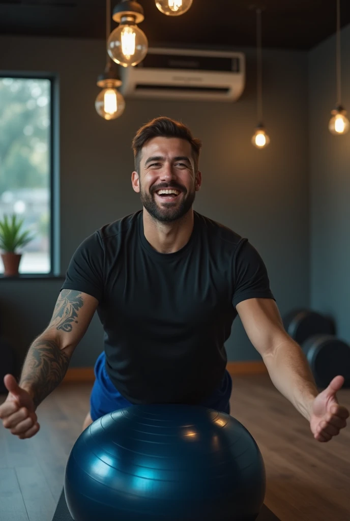 man,  short beard, brown eyes, brown hair, short fade, side hairstyle, scraping both sides, smiling, wearing blue shorts and a black t-shirt, practicing Pilates, abdominal on the pilates ball, in a Pilates studio, in dark realistic cinema style