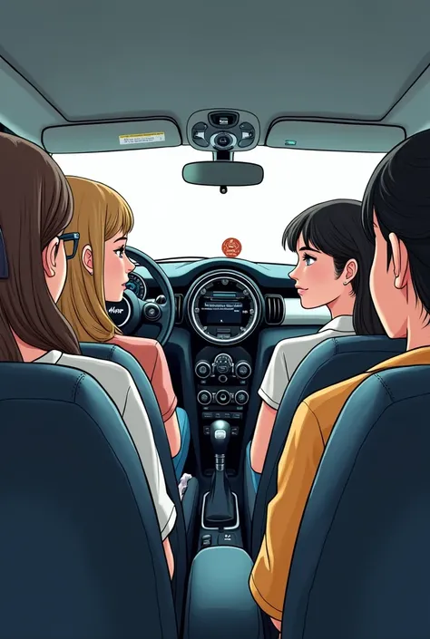 Image manga.
Vue de derrière de lintérieur dune mini cooper 4 places.
Conductrice aux cheveux longs détachés, brun aux yeux bleus gris.
Une femme passagère aux cheveux très courts, blonde aux yeux bleus avec des lunettes.
Une femme passagère aux cheveux lo...