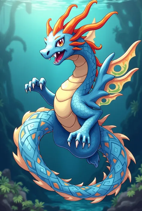 Water dragon Pokemon with Javanese pattern and water fins Make it 2D