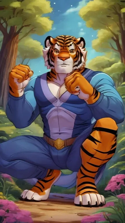 (1boy,tiger, tygra), (extremely detailed CG unit 8k wallpaper),(master part), (best quality), (ultra detail), (best illustration),(Tsukasa Hojo style), cowboy shot, Paw pose, show Paws show claws, (Sharp eyeliner, ombre, detailed eyes:1), forest, digital a...