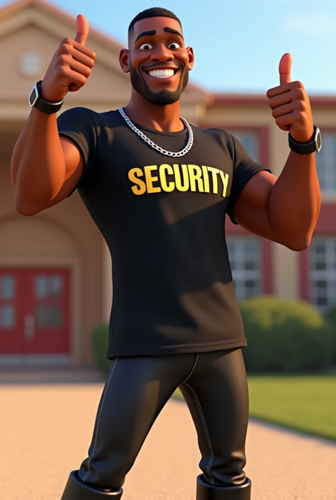 A tall black man smiling smooth face giving thumbs up sign with hand wearing black pants wearing a black t-shirt with yellow security written on it wearing a boot wearing a thin silver chain around his neck in Disney pixar style in front of a school  