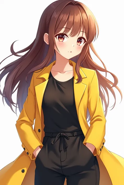 anime girl,long brown hair,yellow coat and black carpenter pants