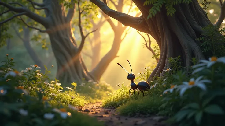 A magical forest with golden sunlight shining through the leaves. on the floor, the little ant Spark looks up with curiosity and admiration.