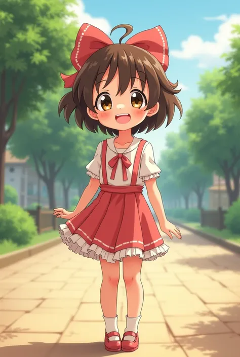 Young girl, flat chest, brown hair around neck length, cute outfit with a skirt and a large bow, amber eyes, sweet innocent expression, large cute smile, happy and kind and loving, very flat chested, young girl  anime style, shonen style, shoujou style , f...