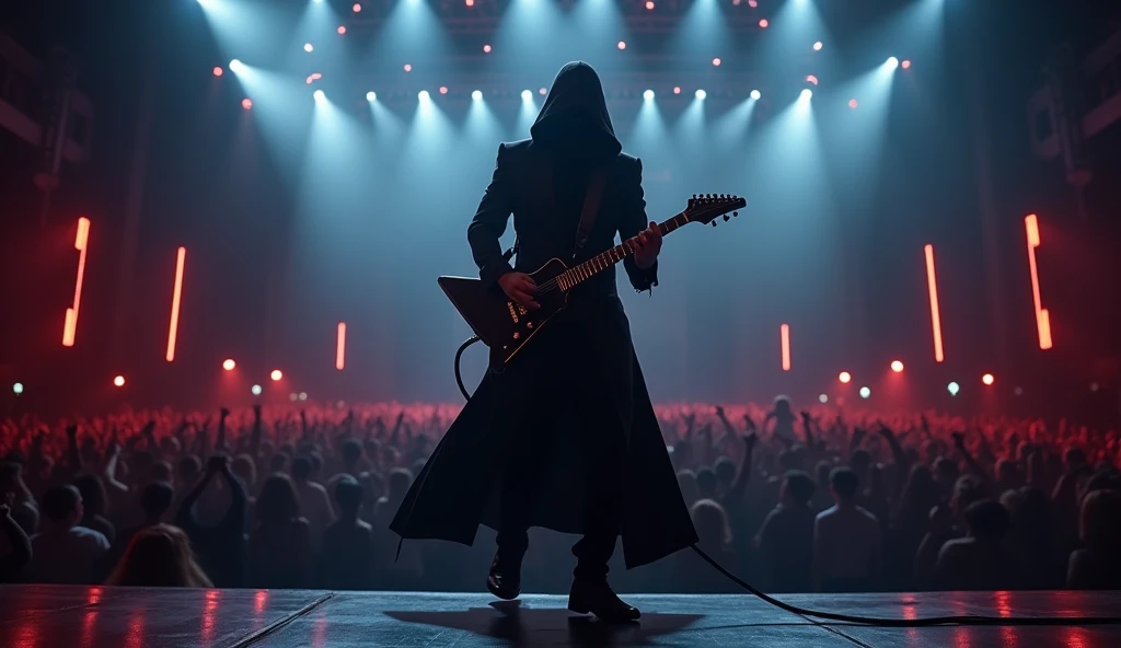 An Asian man in assassin attire, performing at a rock concert with a glowing electric guitar and a microphone, dark stage, intense lighting.