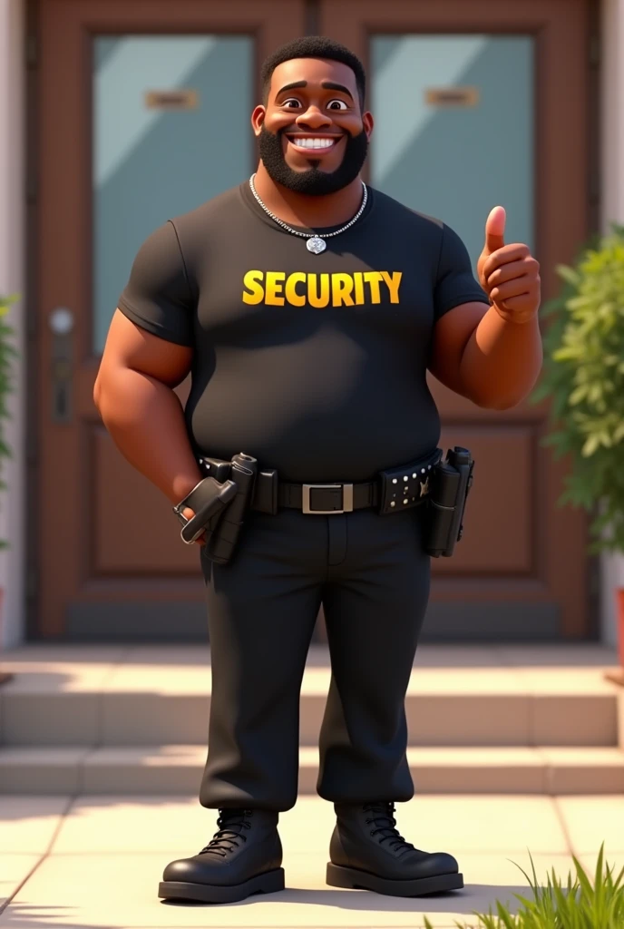 A tall black man smiling smooth face no beard making a thumbs up sign with his hand wearing black pants wearing a black t-shirt with yellow writing on it security guard wearing a boot wearing a truncheon a thin silver chain around his neck in the Disney Pi...