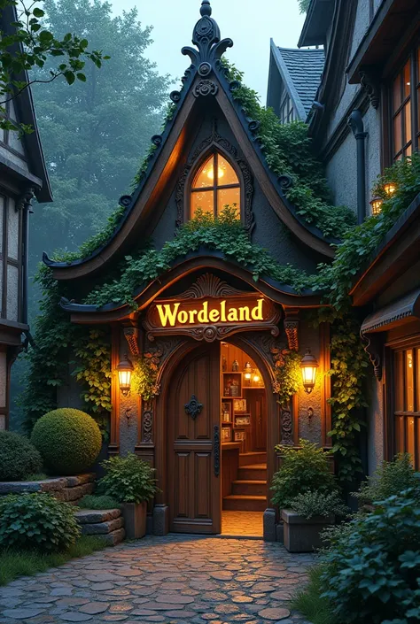 Restaurant entrance with name "Wordeland" with mystical vibe on the street